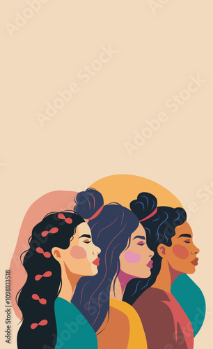 Different women standing together in solidarity symbolize equality, strength and unity. Gender equality and women empowerment. Vector flat design of strong women, women's day, feminism.