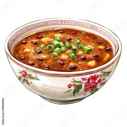 Delicious soup in decorative bowl, featuring beans and green onions, perfect for cozy meal