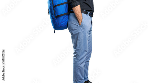 Man in Blue Pants with Backpack Isolated
