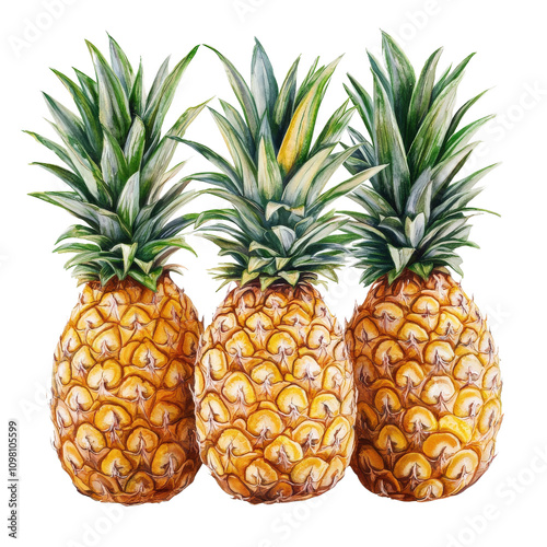 Fresh pineapples with vibrant green leaves and textured skin, perfect for tropical themes and summer vibes