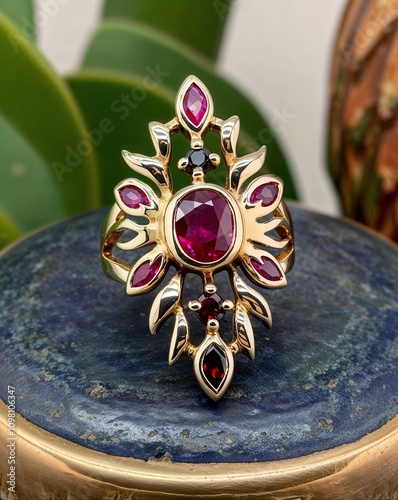 Ruby and garnet phoenix inspired ring with flame motifs and bold gemstone accents  photo