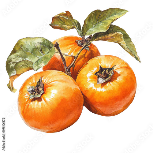 Juicy persimmons with vibrant orange color and green leaves, showcasing their natural beauty and freshness. Perfect for autumn themed designs or food illustrations