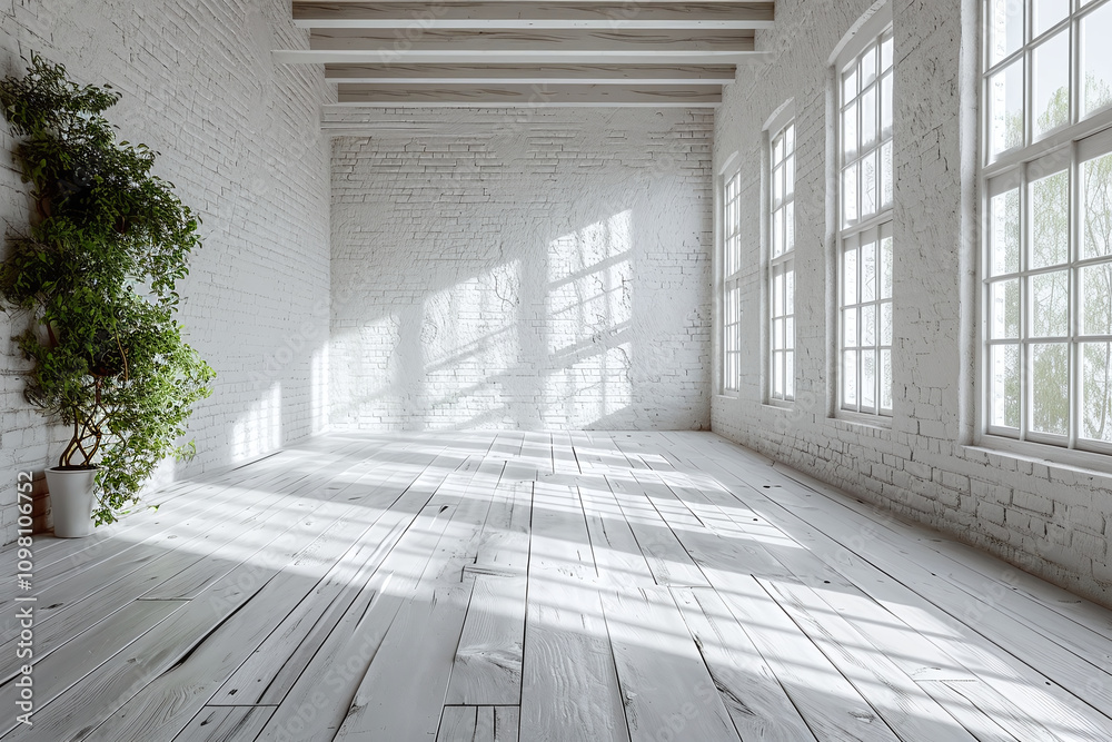 Obraz premium Modern contemporary loft empty room with white tones wall, windows and plants. Minimalist empty room with copy space area