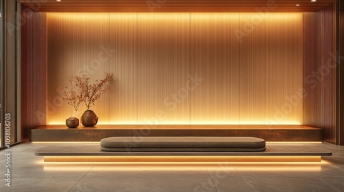 Minimalist interior design with wooden wall, low bench, and ambient lighting.