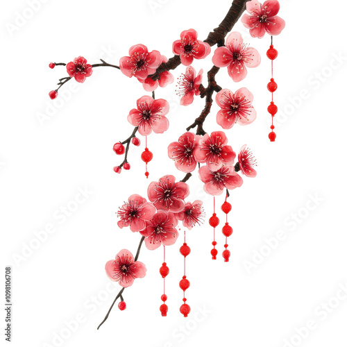 Blossoming cherry tree branch with vibrant pink flowers and red ornaments, symbolizing beauty and renewal. Perfect for spring themes and celebrations