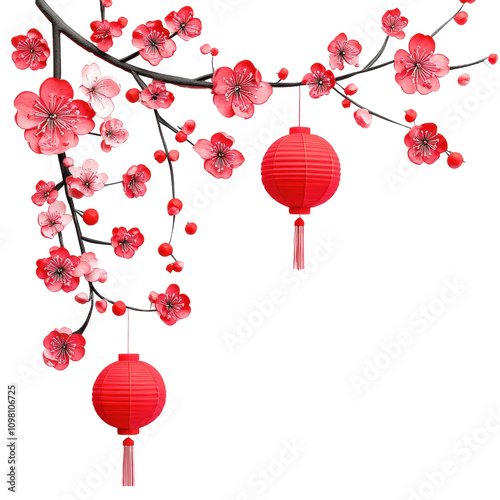 Blossoming cherry tree branches adorned with red lanterns create festive atmosphere. vibrant pink flowers and red lanterns symbolize joy and celebration