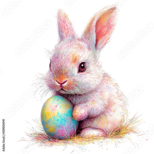 cute rabbit with colorful fur sits beside decorated egg on grass, evoking joyful Easter vibe. This charming scene captures essence of spring and celebration