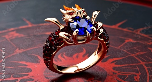 Sapphire and garnet fiery dragon themed ring with claw like prongs and fiery colors  photo