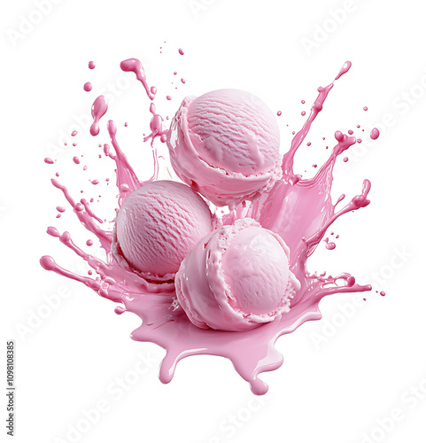  Pink ice cream scoops ball splashing, cut out isolated on a transparent background [PNG]