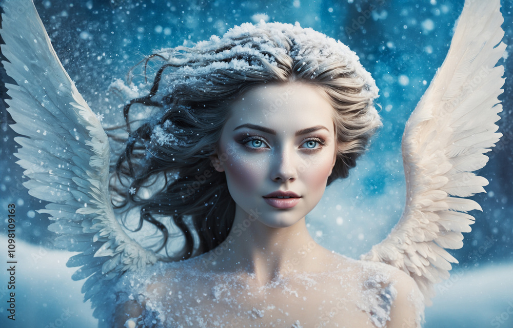 Φωτογραφία romantic beautiful winter angel with snow in hair, archangel of snow, frost and