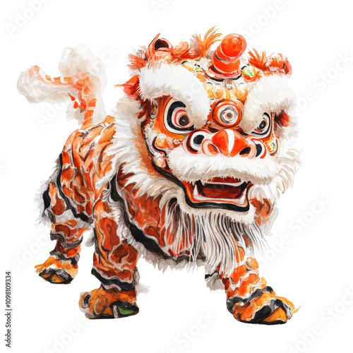 vibrant lion dance costume featuring intricate patterns and bright colors, symbolizing celebration and cultural heritage. fierce expression adds to its dynamic presence
