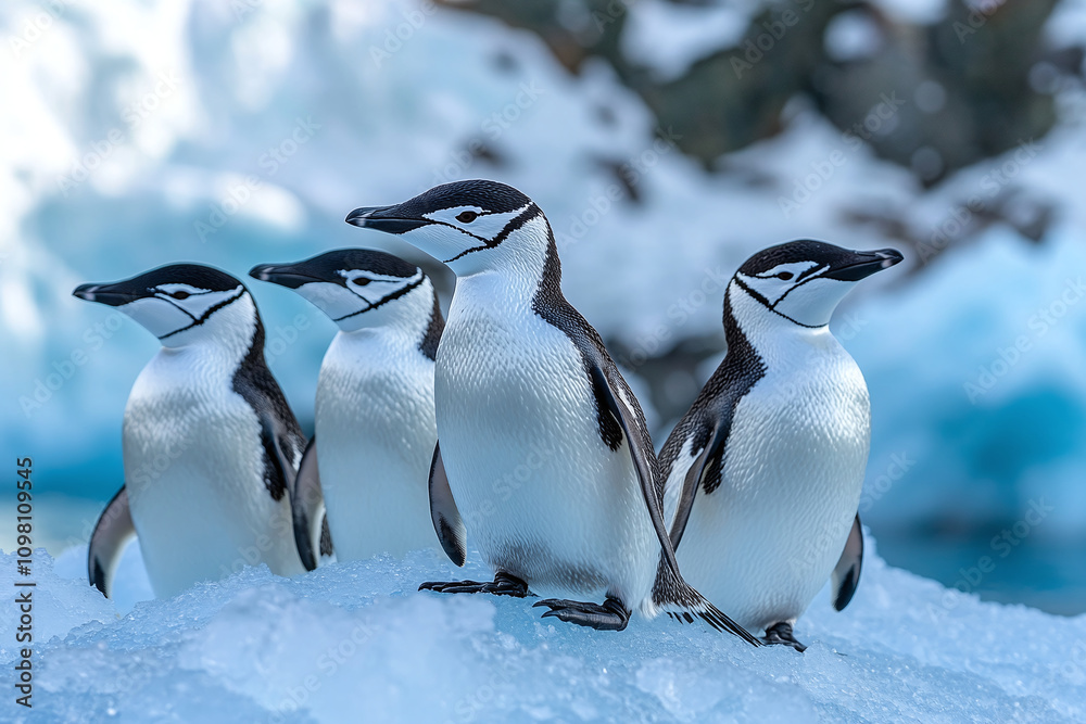 Obraz premium Group of chinstrap penguins staying in chick nursery in the snow ice in Antarctica. 