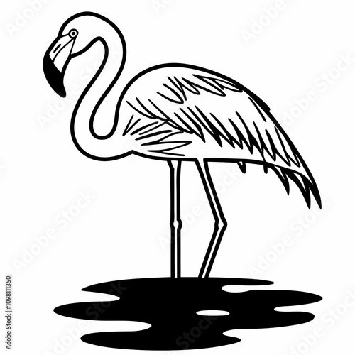 Pink Flamingo with Water Reflection - Vector Illustration