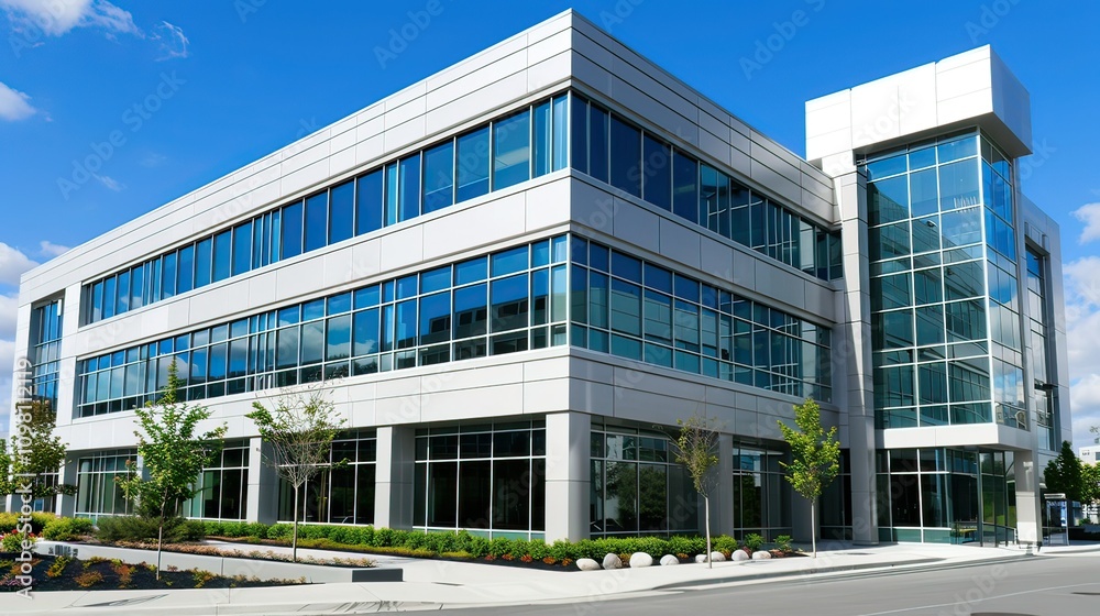 Obraz premium A sleek, modern business building in a downtown area.
