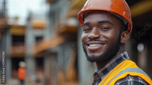 Smiling construction worker wearing safety helmet and vest, confident professional on industrial site, cheerful expression, skilled laborer, urban construction background, bright sunny workday.