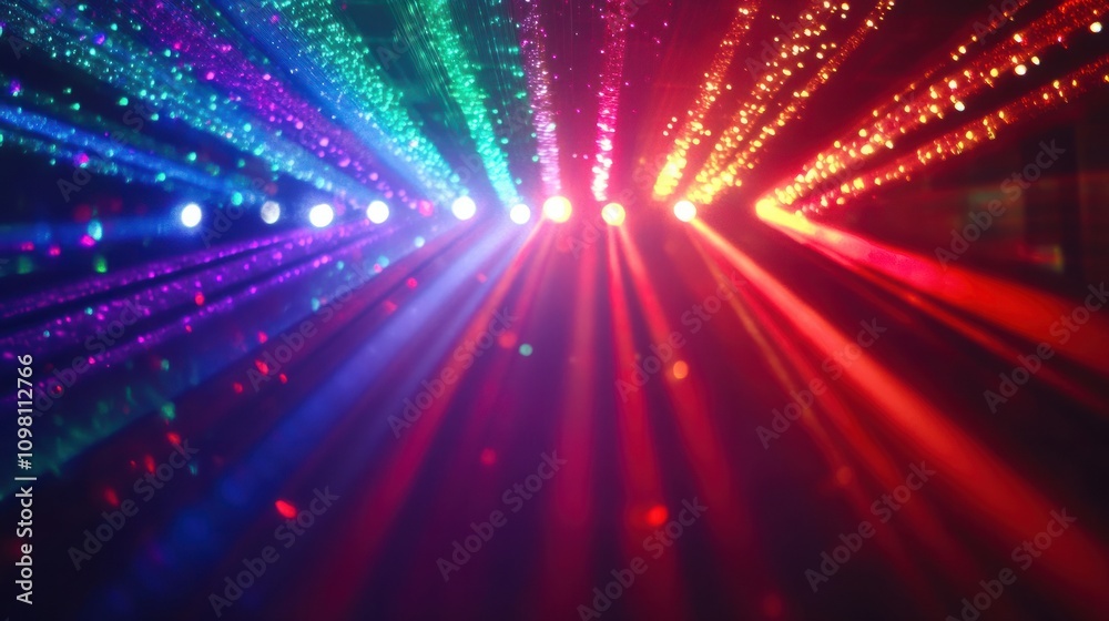 Obraz premium A dazzling disco light display with vibrant beams of color reflecting across a dark room, creating a lively party atmosphere. Captured in stunning full HD quality.