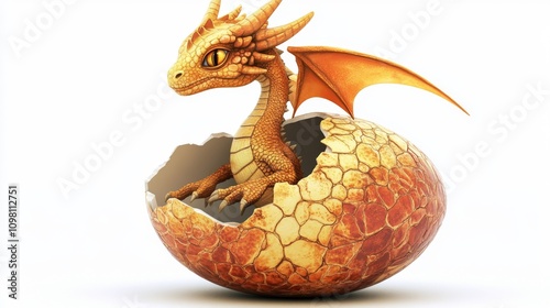 A striking 3D-rendered scene depicting a golden baby dragon emerging from a cracked egg. The dragon's wings and scales shimmer in golden hues, creating a magical and fantasy-inspired visual.. AI photo