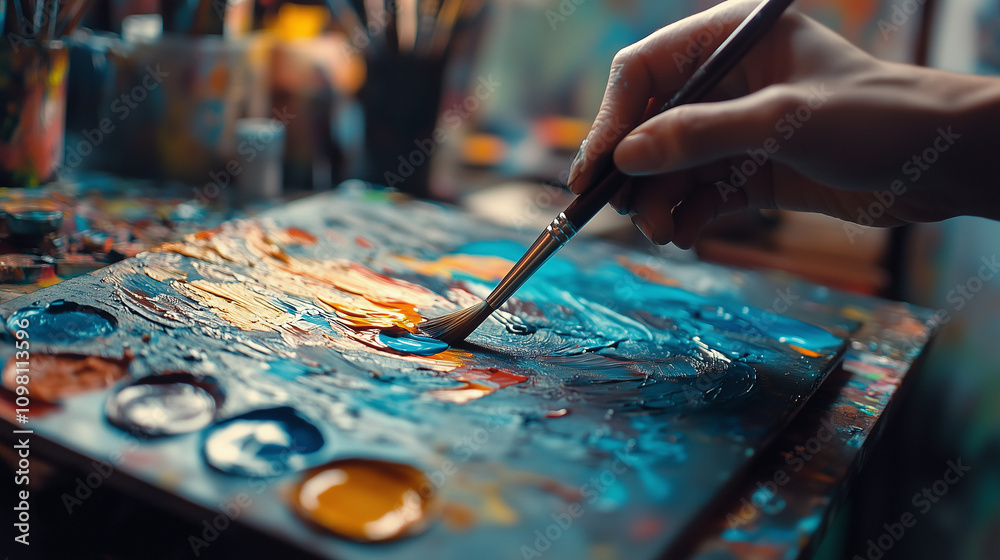 Naklejka premium Capturing creativity with a paintbrush as vivid colors blend on a textured canvas in a cozy art studio in the golden afternoon light