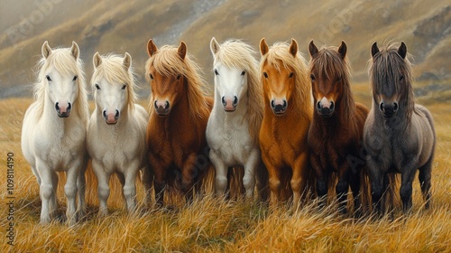Group of Icelandic horses standing in golden field, diverse colors, windswept manes, natural wildlife setting, serene rural landscape, farm animals, countryside beauty.