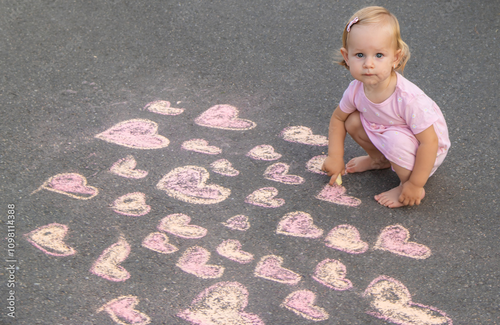 Fototapeta premium child draws a heart on the asphalt with chalk. Selective focus