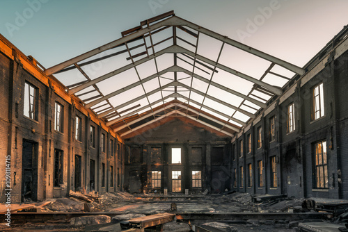 Interior of abandoned industrial building with exposed rafters photo