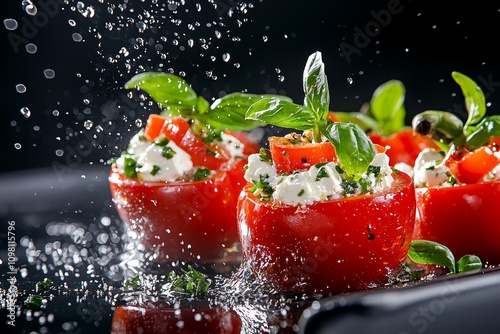 Cherry peppers stuffed with creamy feta, herb and oil splash in motion, dark background for bold contrast