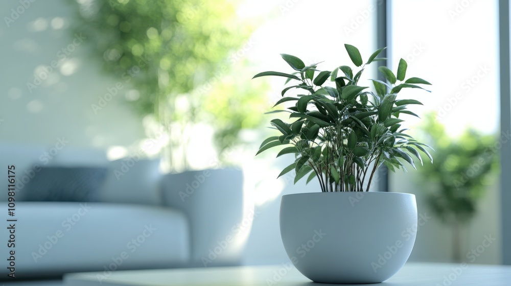 Fototapeta premium A beautiful houseplant in a white pot, placed in a modern living room with soft natural light, enhancing the serene atmosphere.