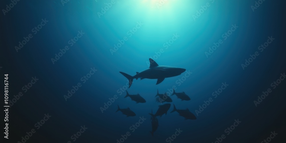 Naklejka premium A lone shark swims through the deep blue water, a ray of sunlight illuminating its silhouette as a school of fish follows in its wake.