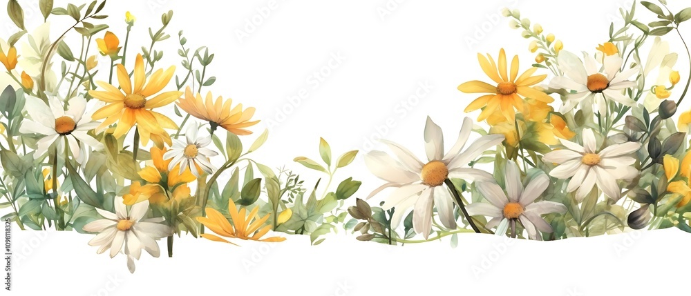 Fototapeta premium A vibrant watercolor illustration of various flowers and greenery.