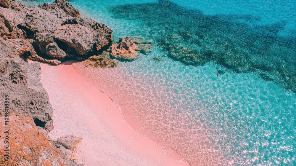Obraz premium Pink Sand Beach Meets Turquoise Ocean Water