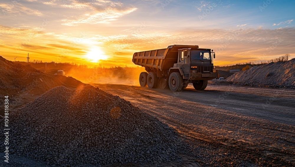 Fototapeta premium Dump Truck at Sunset on a Gravel Road