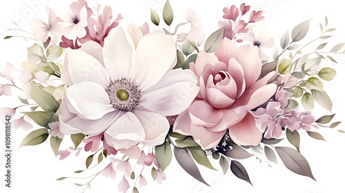 A beautiful floral arrangement featuring various pastel flowers and leaves.