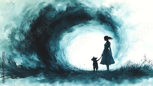 The Wizard of Oz. Silhouette of girl and dog by swirling wave