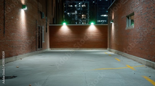 An eerily quiet industrial alley with red bricks, lit by greenish street lamps, creating an urban landscape mood with a mysterious nighttime ambiance. photo