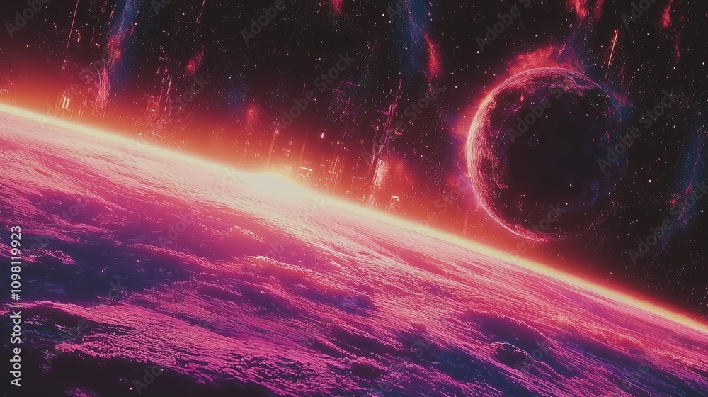 Obraz premium Stunning Cosmic Landscape with Vibrant Colors and Celestial Elements