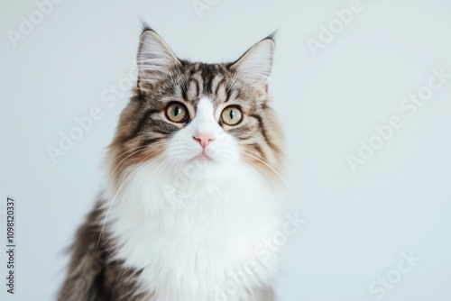 A beautiful cat in close-up. Cute cat on a white background. Pet. Animal care. Background with animals. A place for the text. A place to copy
