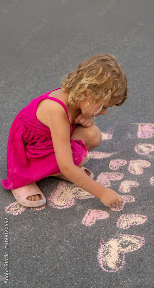 Naklejka premium child draws a heart on the asphalt with chalk. Selective focus