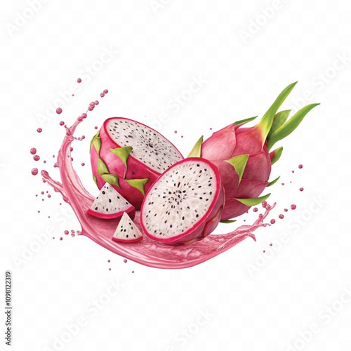 abstract 3d Sliced ripe dragon fruits  with splashes of juice in curve style on white background