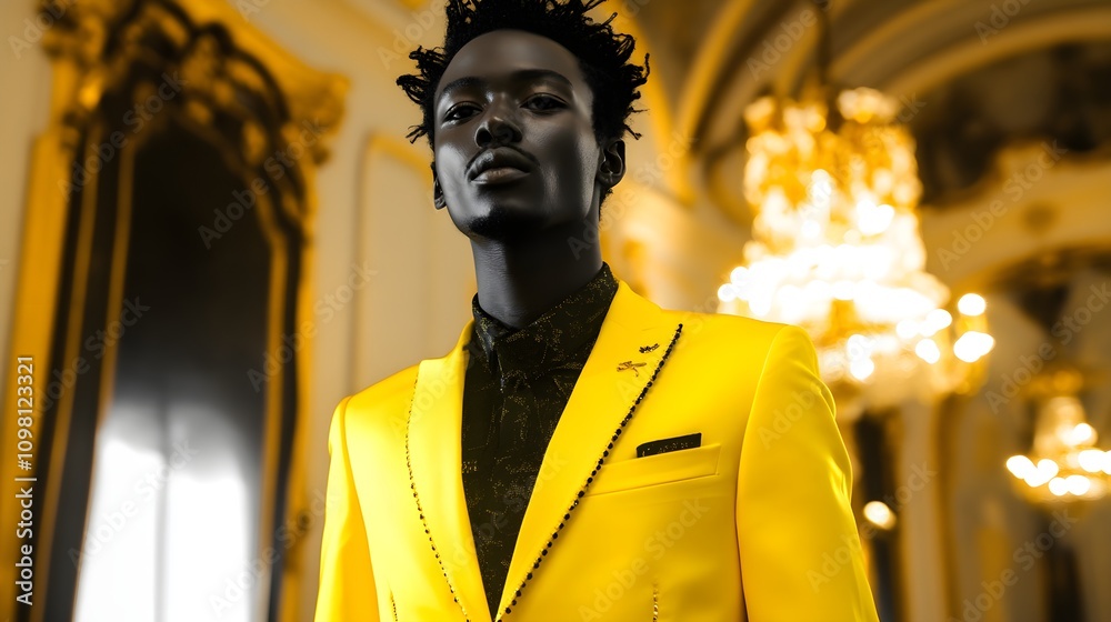 Obraz premium Neon-dressed guest radiating individuality at a formal gala in monochrome, neon color fashion, personality contrast in black-and-white setting