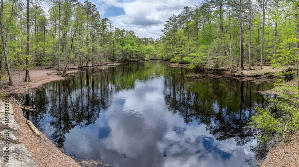 Obraz premium Serene Spring River Reflection Photo