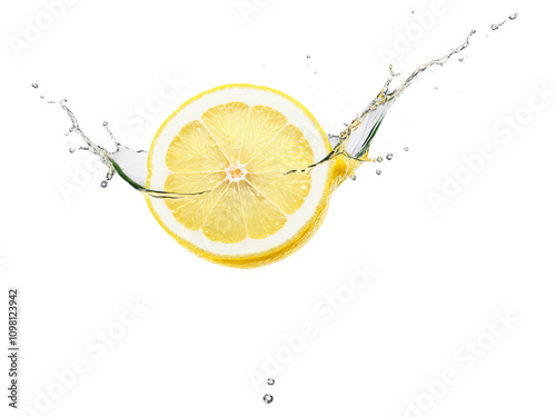 Lemon Single lemon wedge with yellow juice splashing around, bright and zesty on a transparent background.