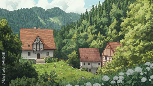 Wallpaper Mural Picturesque Village Homes Nestled in a Lush Forest Landscape Torontodigital.ca
