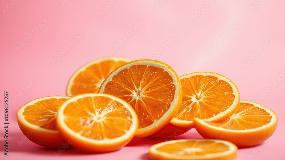 Fototapeta premium A cluster of fresh orange slices, revealing their juicy interiors, against a soft pink backdrop.