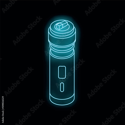 Neon icon of modern electronic cigarette glowing blue against a black background