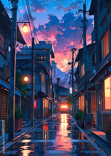 Japanese town at night. Generative By Ai