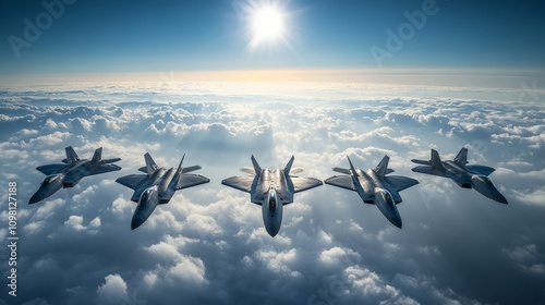 F-22 Raptors in Formation Above Clouds, five sleek fighter jets soaring together in a clear blue sky, sunlight illuminating their wings as they navigate the vast cloudscape below