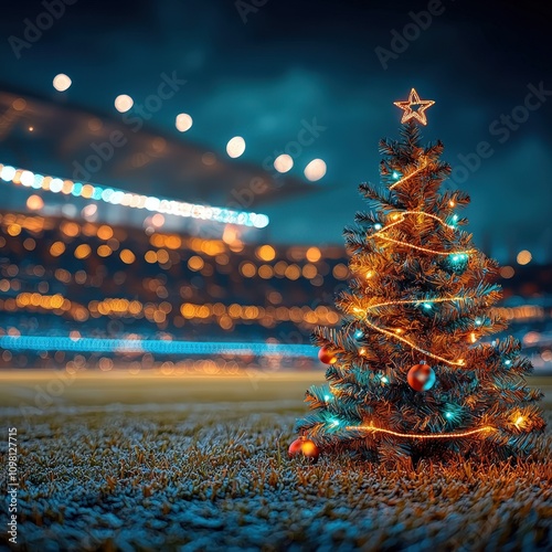 Christmas Tree Decorated with Lights in Stadium Atmosphere