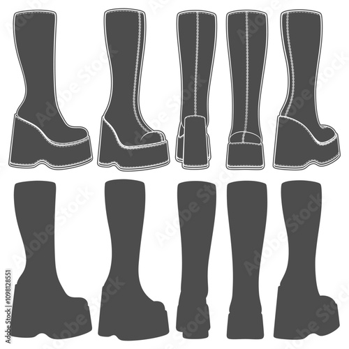 Set of black and white retro platform boots. Isolated vector objects on white background.
