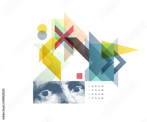 Close-up of wide-open eyes in newspaper style. Digital vision. Security and surveillance technologies. The concept of discovery, exploration and learning. Time to think. Art composition. Vector.