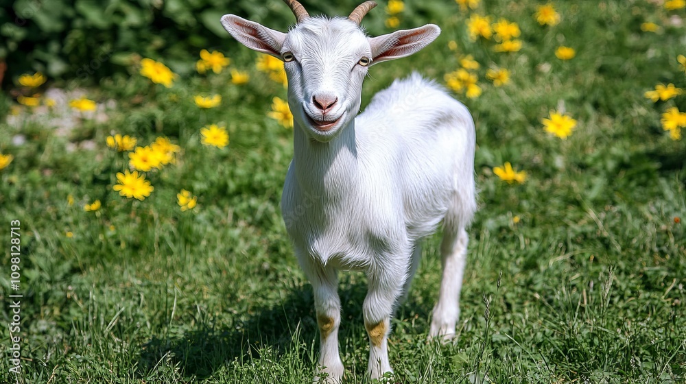Obraz premium A playful white goat stands in a sunny meadow filled with vibrant yellow flowers, creating a charming rural scene. The goat appears happy and curious, making it a perfect image for nature or farm
